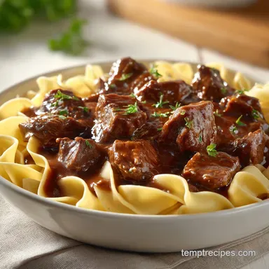Beef and Noodles for 8 Servings Recipe Card
