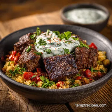 Mediterranean Beef Bowl with Herbed Yogurt Sauce for 4 Servings Recipe Card