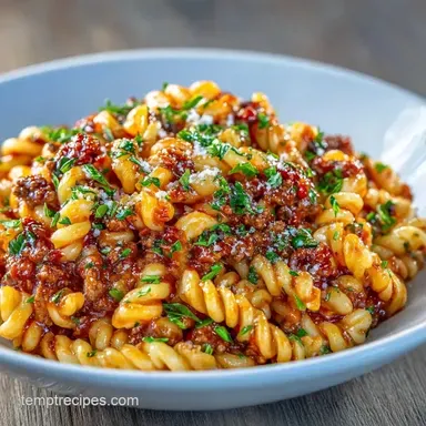 Quick Tomato Beef Pasta in 30 Minutes Recipe Card