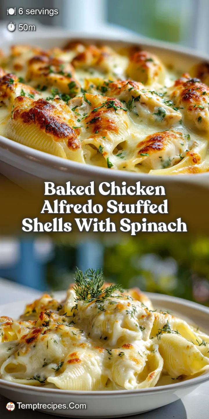 Close-up shot of creamy Alfredo sauce coating a baked stuffed shell filled with chicken, promising a comforting, cheesy bite.