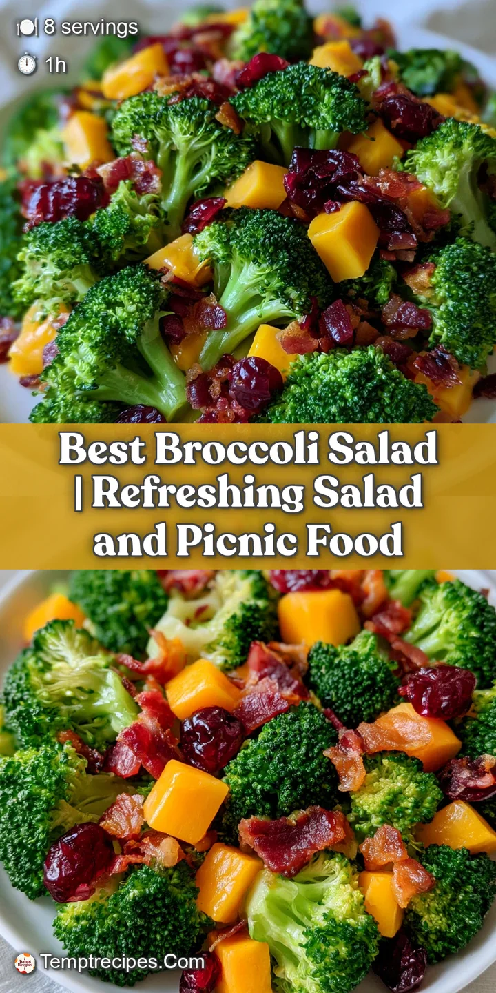 Macro view of creamy dressing clinging to crisp green broccoli florets and salty, golden-brown crumbled bacon.