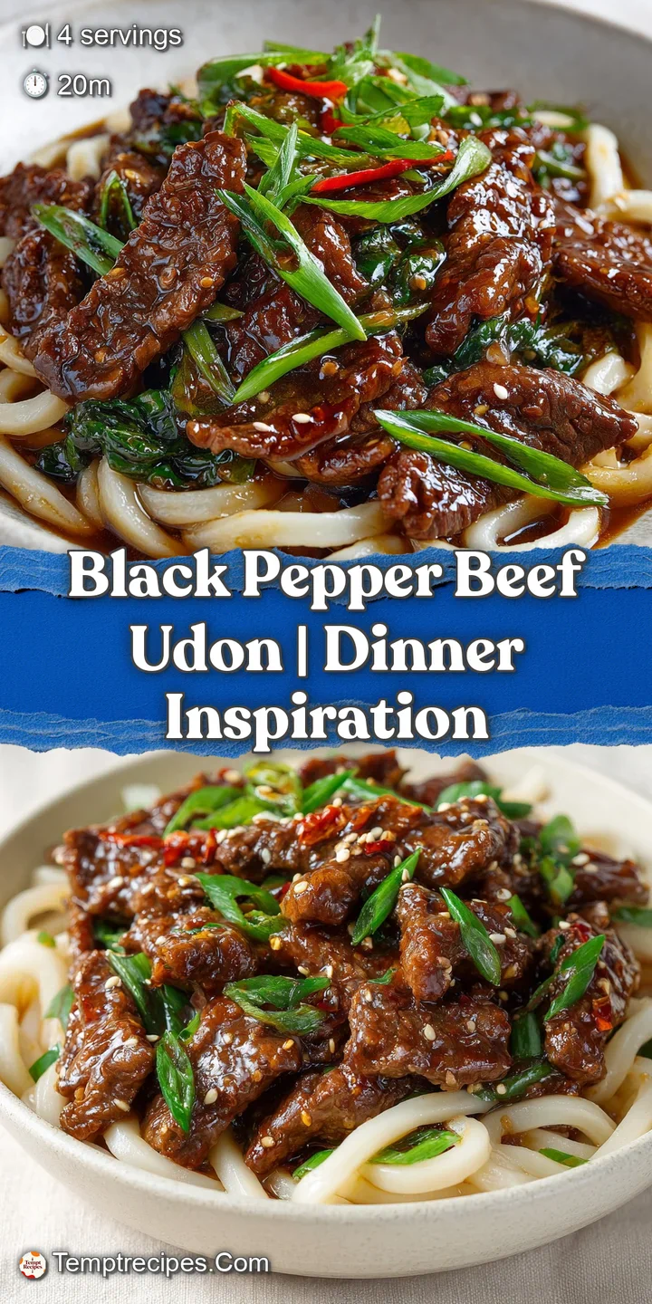 Close-up of thick, chewy white noodles coated in a glossy dark sauce with visible grains of cracked black pepper.