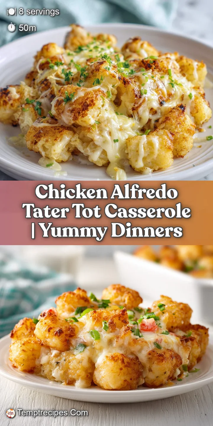 Close-up of tender chicken and golden tater tots coated in a rich, velvety Alfredo sauce, topped with herbs.