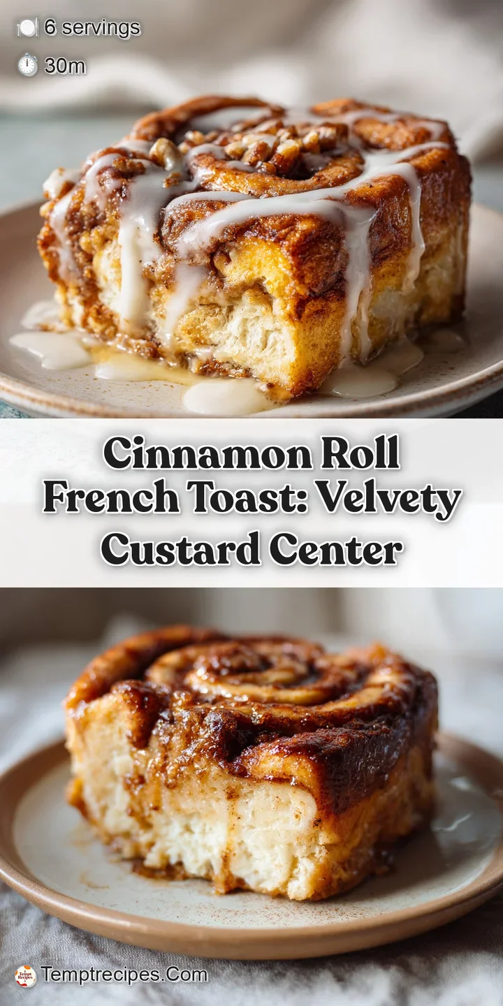 Close-up of gooey cinnamon roll French toast, layers of soft bread, sweet icing, showcasing its delicious, inviting texture.