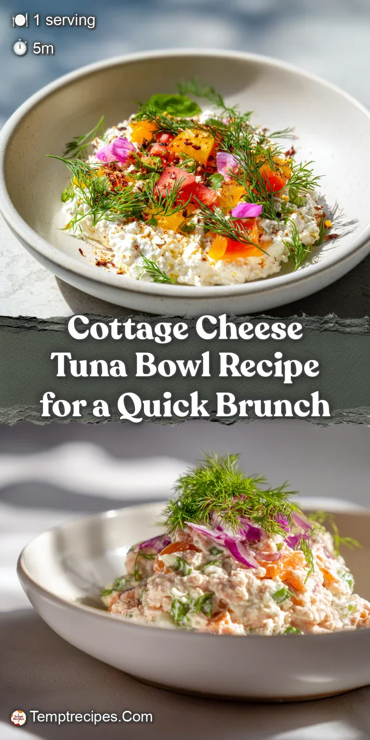 Close-up of tuna and cottage cheese bowl showcasing the tuna's flaky texture and the creamy, smooth cottage cheese alongsi...
