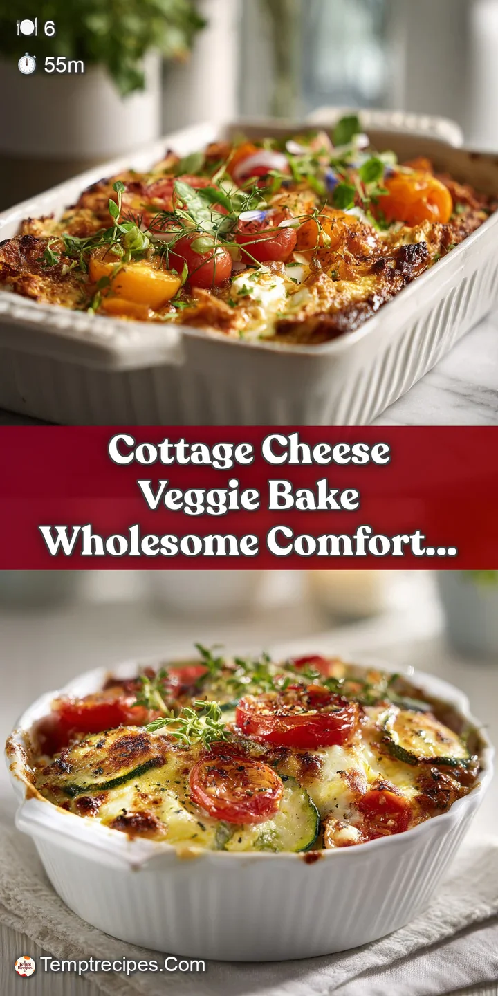 Close-up of a warm cottage cheese bake with colorful peppers, zucchini, and herbs, oozing with melted cheese. Comfort food...