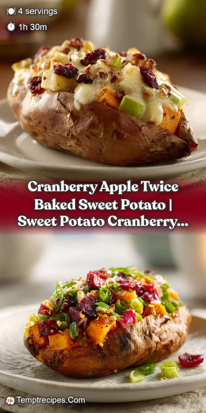 Close-up of a sweet potato's creamy, orange flesh studded with bright red cranberries and soft apple pieces.