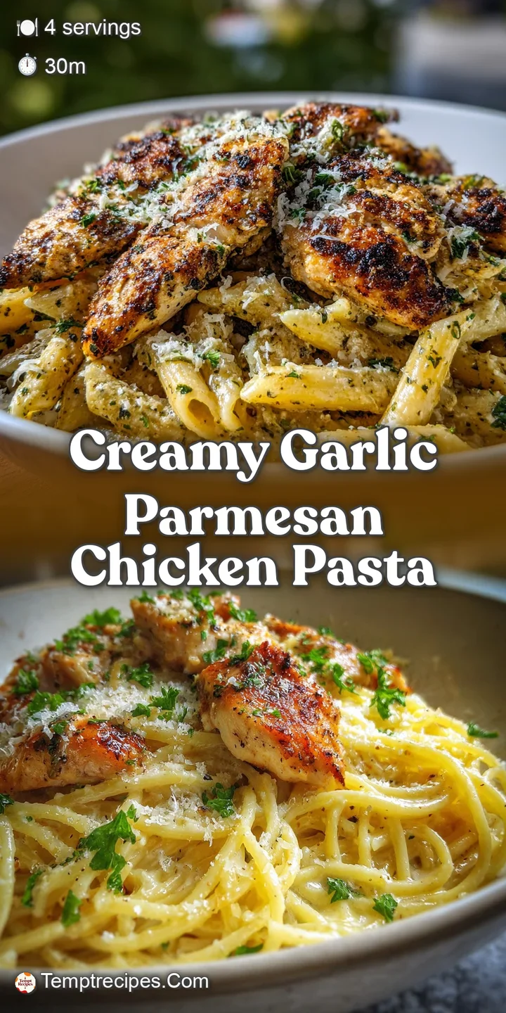 Close-up shot of glistening pasta coated in a decadent garlic parmesan sauce, revealing juicy chicken pieces and flecks of...