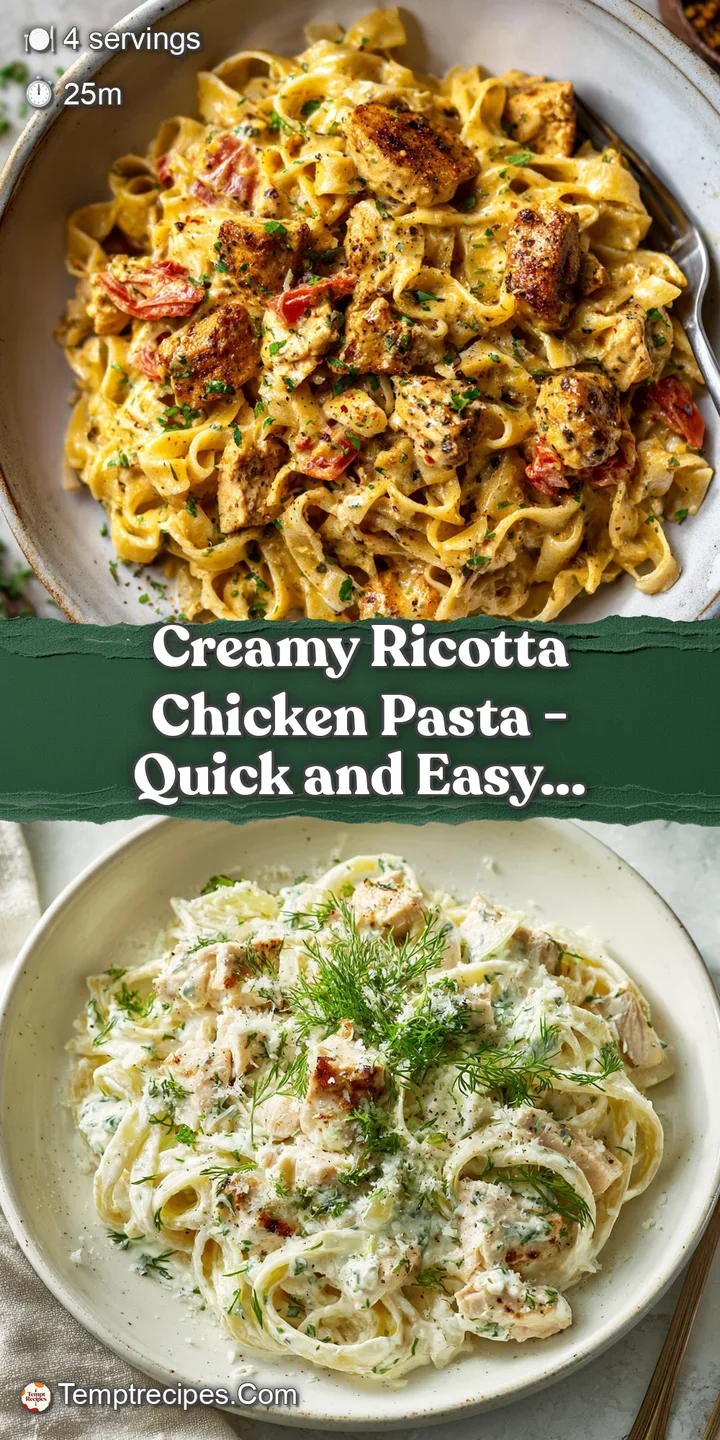 Close-up view of glistening, creamy pasta strands and tender chicken pieces. Fresh herbs and grated cheese create an invit...