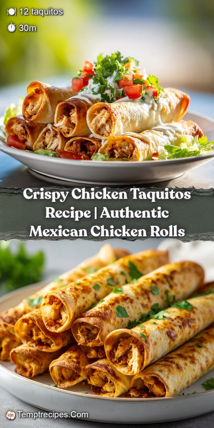 Close-up of a crispy, golden-brown chicken taquito, revealing a delicious filling. Topped with cool cream and vibrant gree...