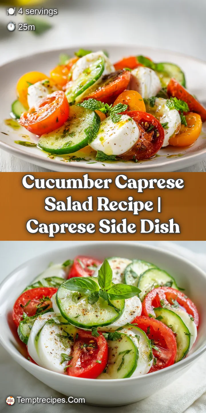 Close-up of a refreshing Cucumber Caprese salad: juicy tomato, creamy mozzarella, crisp cucumber with fresh basil; glisten...