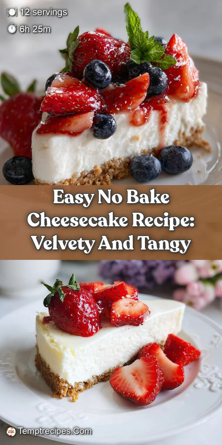 Close-up of a no-bake cheesecake slice; creamy filling, crushed graham cracker crust, and sweet, vibrant raspberry sauce s...