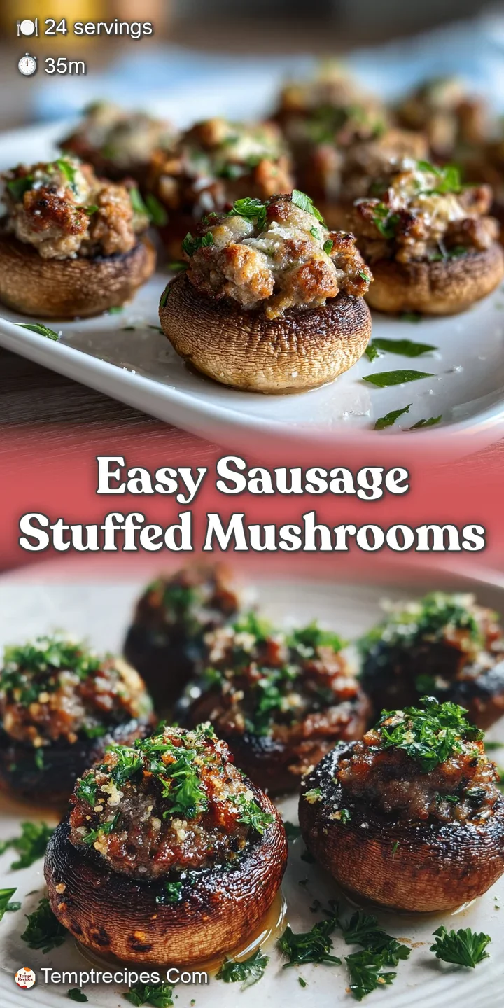 Close-up of a plump, juicy sausage-stuffed mushroom, glistening with oil and speckled with herbs. Warm, inviting, and earthy.