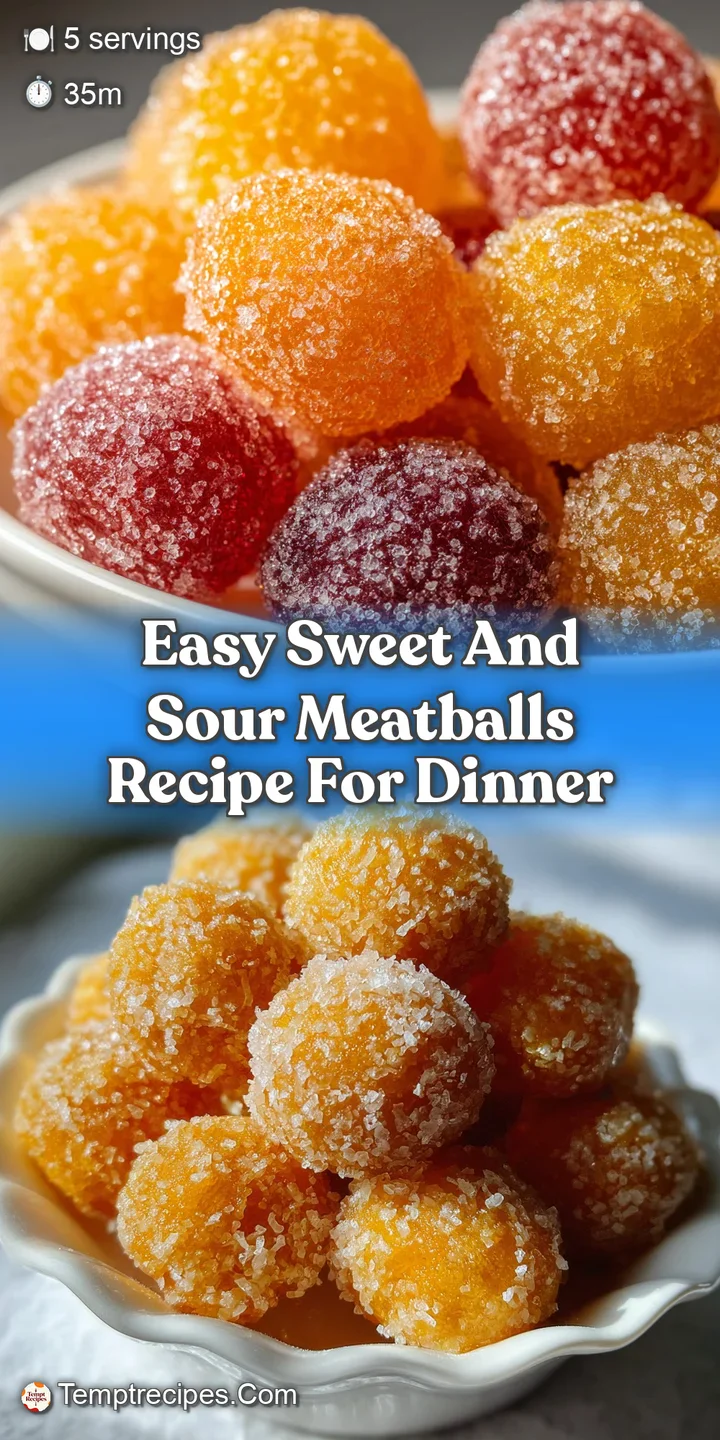 Close-up of plump, glistening meatballs coated in a sticky sweet and sour sauce, dotted with bright red and yellow peppers.