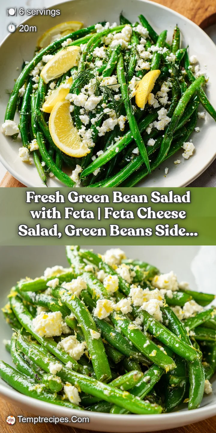 Close-up of tender-crisp green beans flecked with creamy feta and pops of bright red pepper.