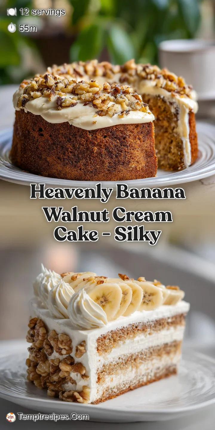 Close-up: creamy frosting on banana walnut cake, showcasing the cake's moist crumb and highlighting the walnuts, truly app...