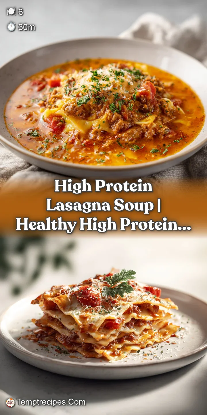 Close-up of creamy lasagna soup with visible layers of noodles, rich marinara, and bubbly cheese.