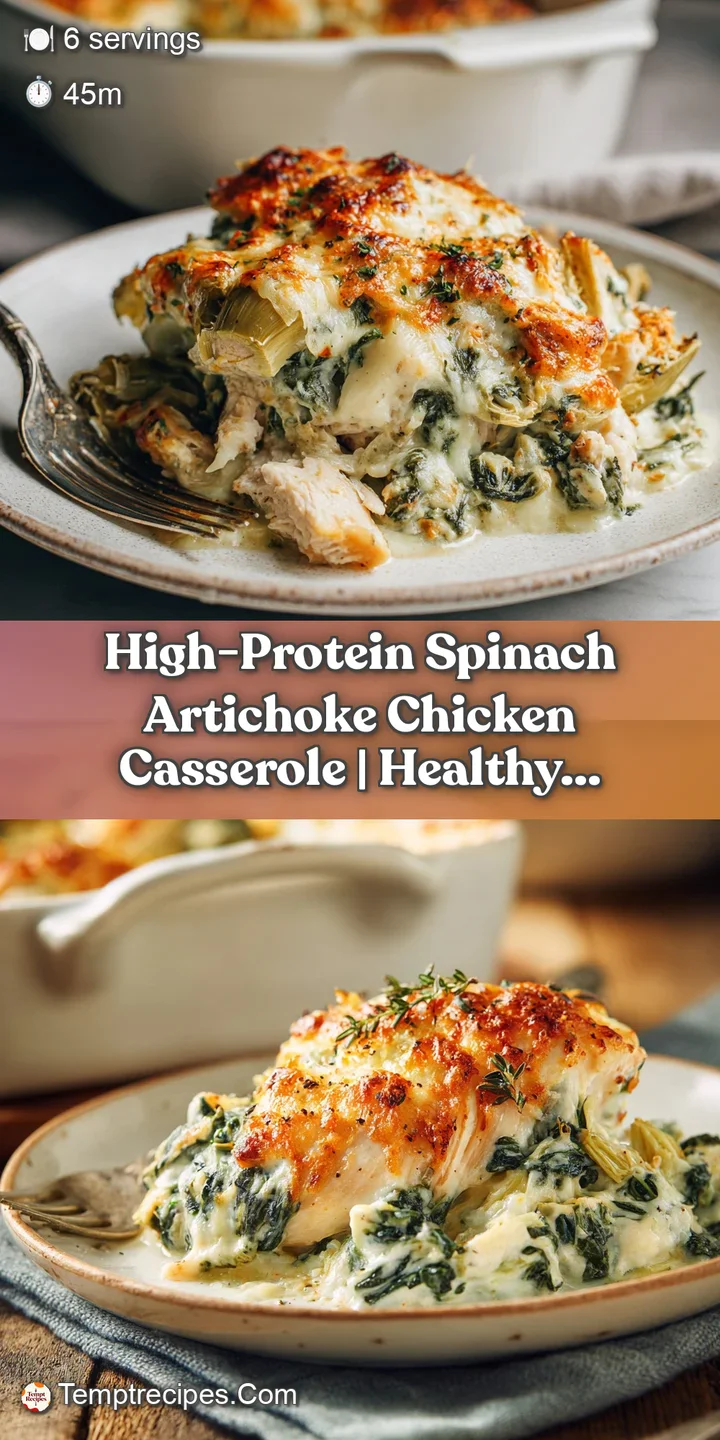 Close-up reveals creamy, cheesy spinach artichoke chicken with bits of golden crust. Tempting glimpse of a comforting, pro...