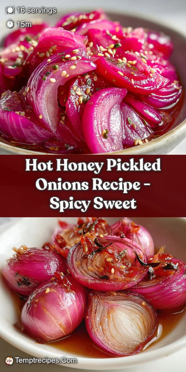 Close-up shows glistening, translucent layers of pickled red onion, swimming in a shimmering, golden hot honey marinade. T...