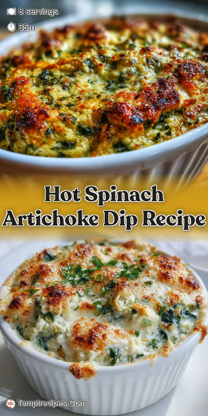 Close-up of warm, cheesy spinach artichoke dip, bubbling with golden-brown edges and visible chunks of artichoke hearts.