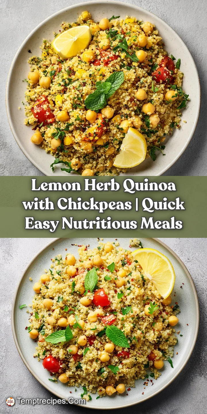 Close-up macro of glistening chickpeas mixed with fluffy, lemon-kissed quinoa and fresh chopped herbs.