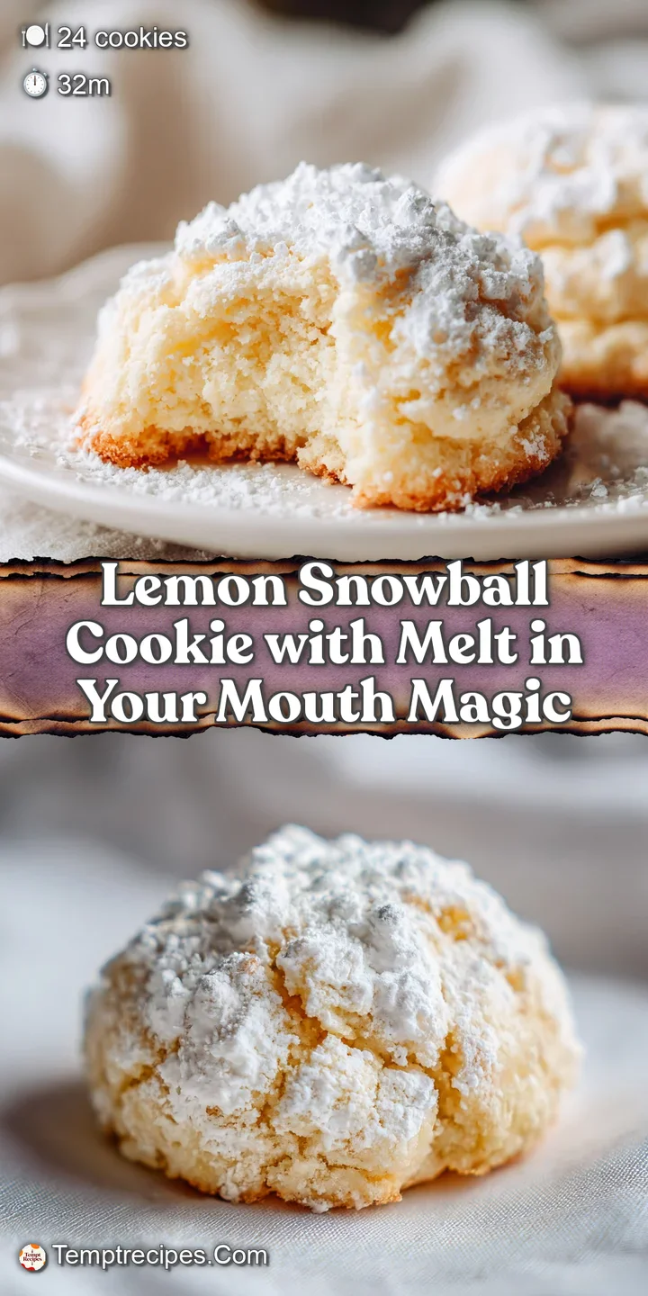 Close-up captures the soft, crumbly texture of a lemon snowball cookie heavily coated in a thick layer of white powdered s...