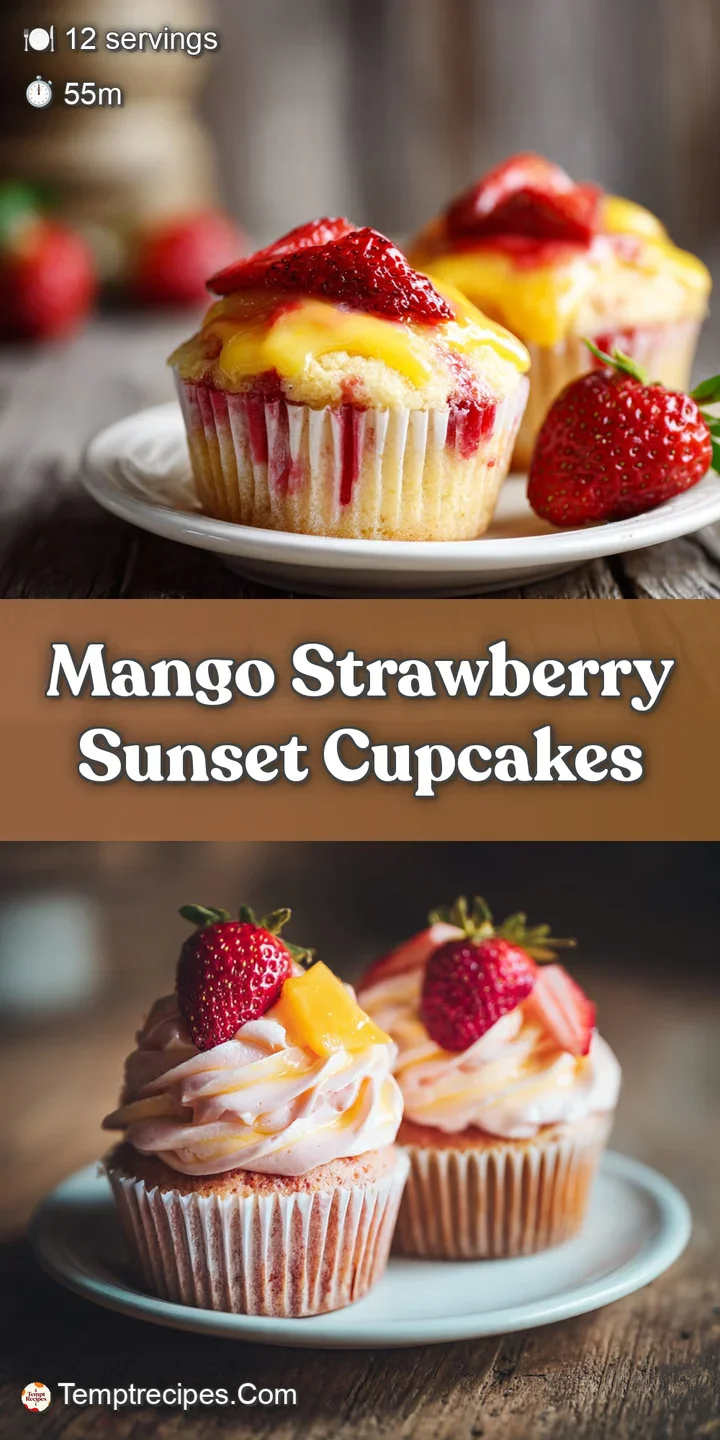 Close-up of a cupcake with creamy, textured, sunset-colored frosting. Swirls of bright strawberry and mango icing create a...