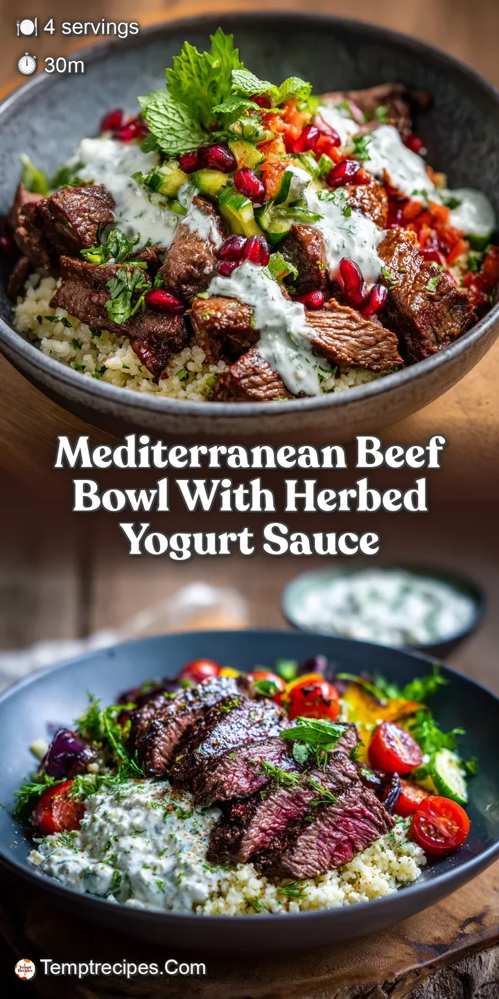 Close-up of a juicy beef strip nestled among colorful Mediterranean vegetables, drizzled with creamy, flavorful herbed yog...