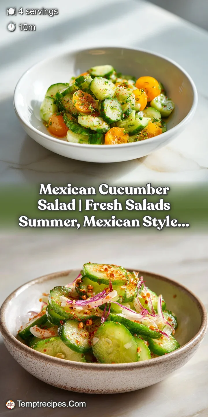 Close-up of refreshing cucumber salad with juicy tomato chunks and scattered chili flakes.