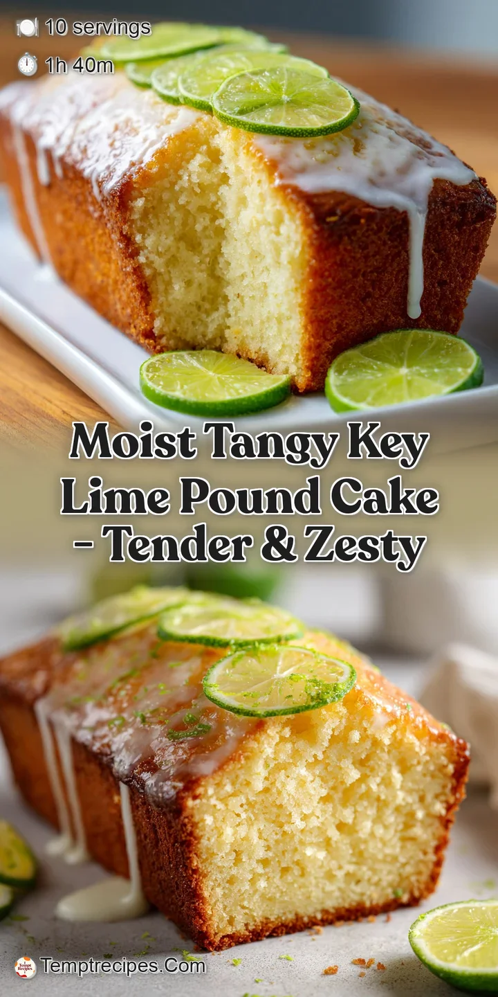 Close-up reveals key lime pound cake's dense, moist texture. Icing glistens, flecked with green zest, suggesting a tangy a...