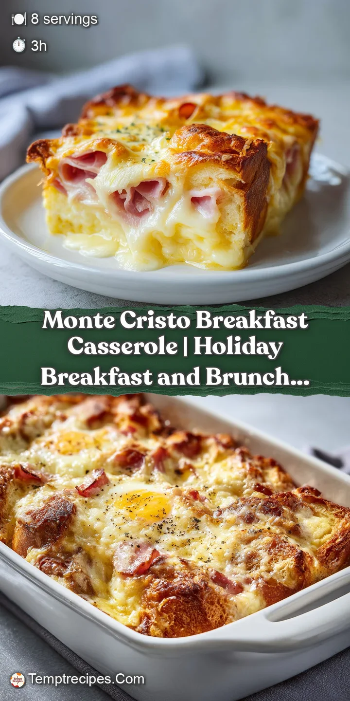 Close-up of a cheesy, golden-brown baked casserole slice, highlighting the melted Swiss and tender ham texture.