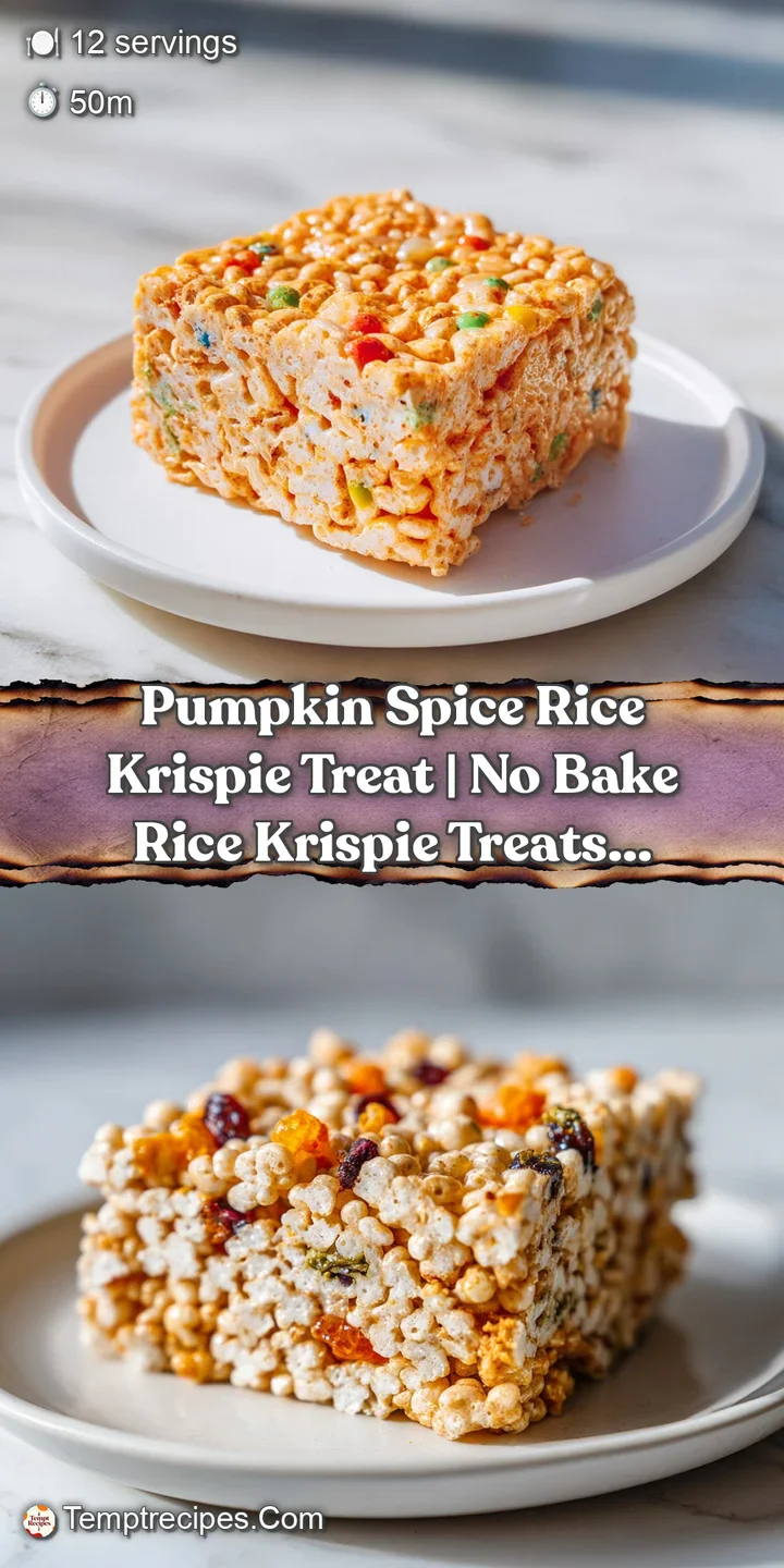 Close-up of a fluffy, golden pumpkin spice Rice Krispie treat, showing puffed rice textures.