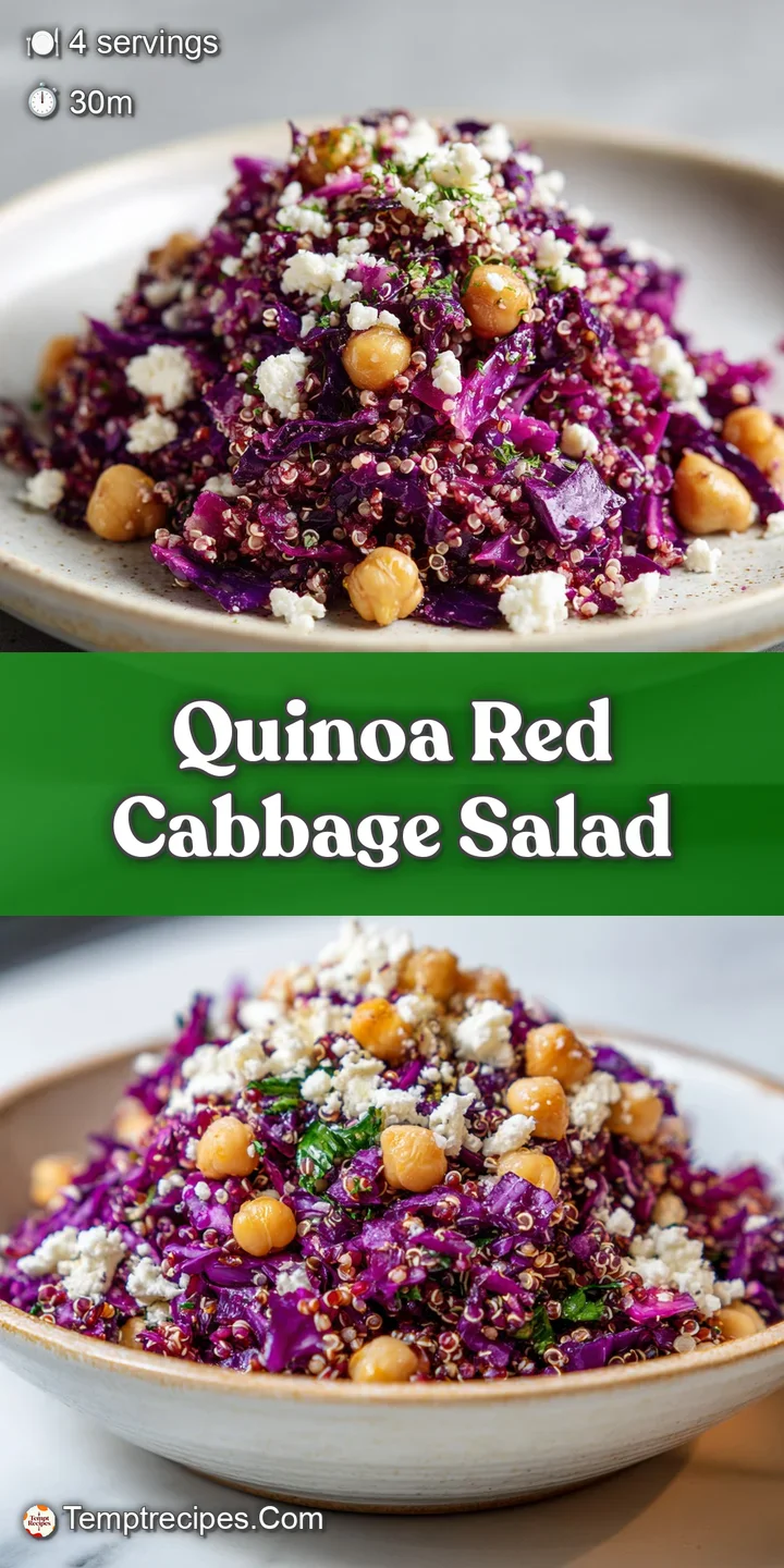 Close-up of glistening quinoa salad, showing the texture of red cabbage, herbs, and a light, flavorful dressing.