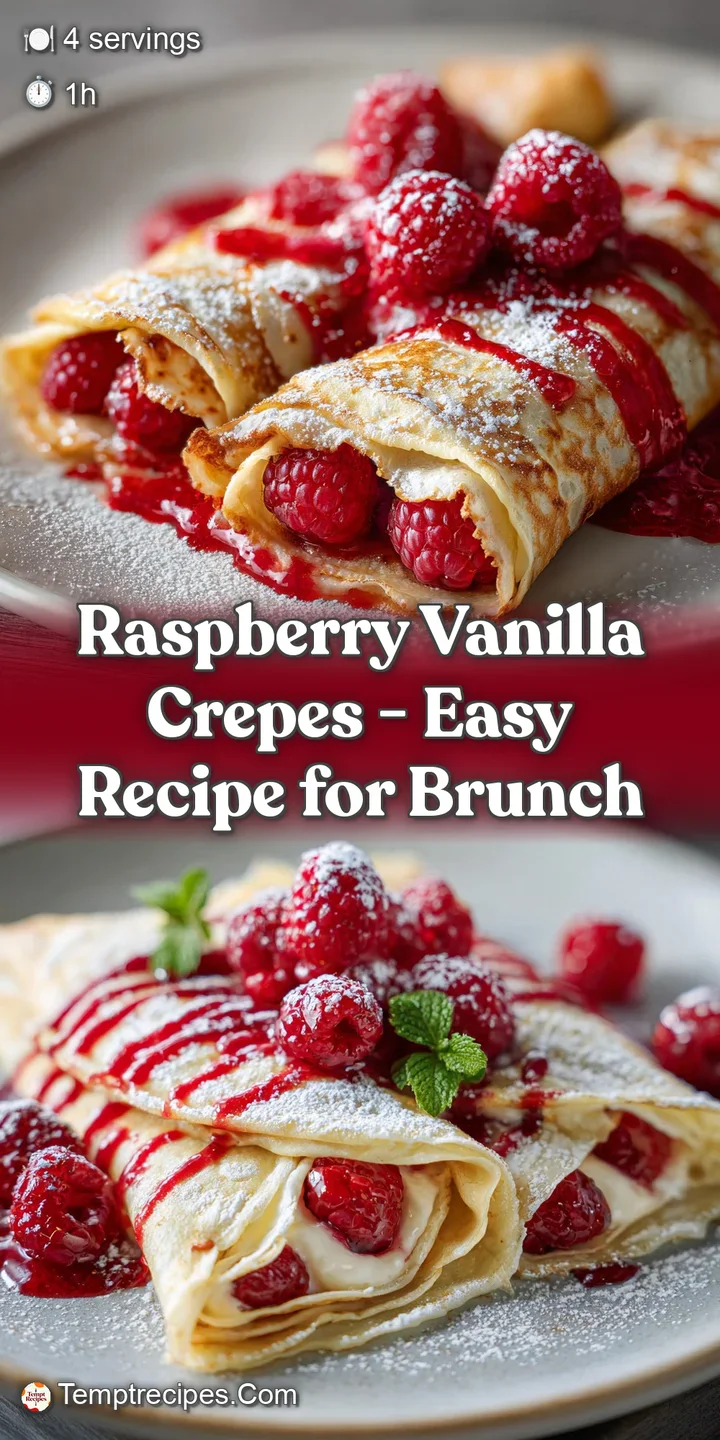 Close-up of a raspberry vanilla crepe: soft folds, plump berries, and a dusting of powdered sugar create a tempting, sweet...