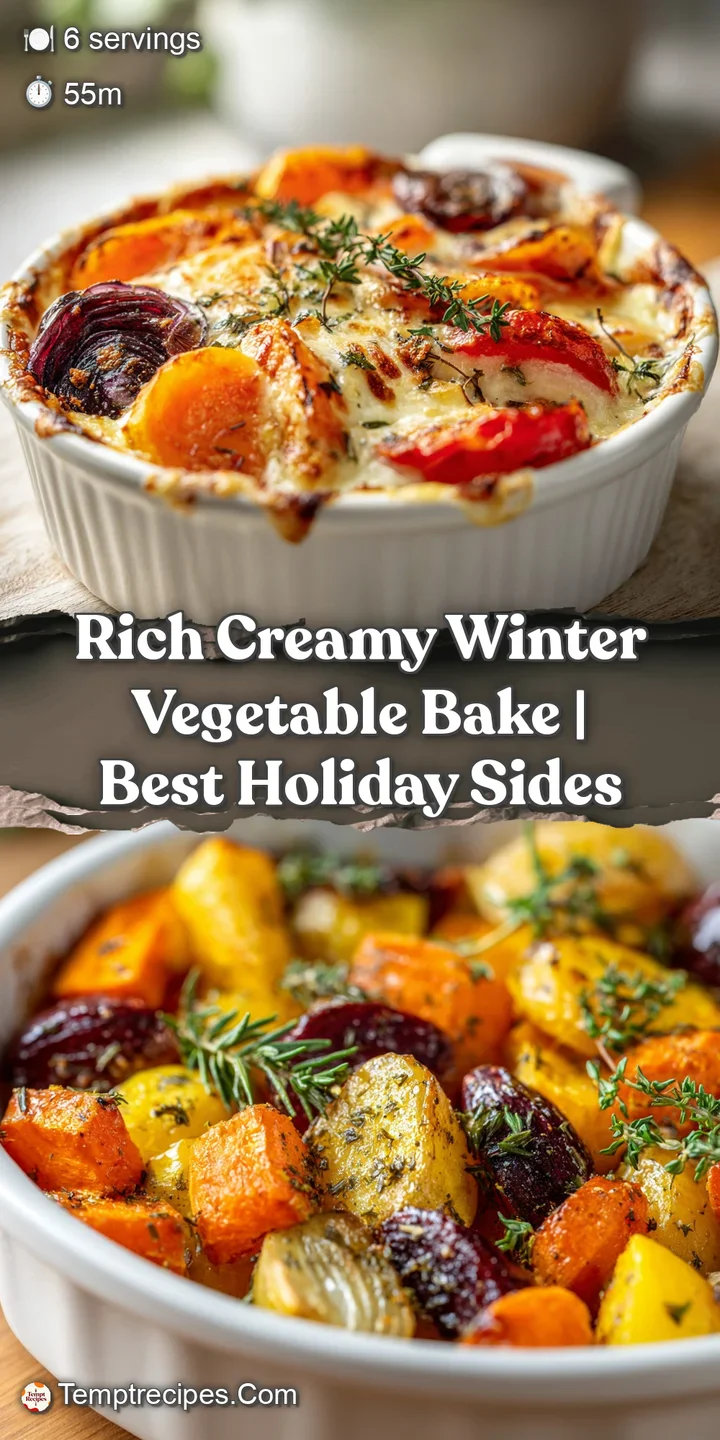 Close-up of tender, roasted winter vegetables coated in a rich, creamy sauce, flecked with herbs.