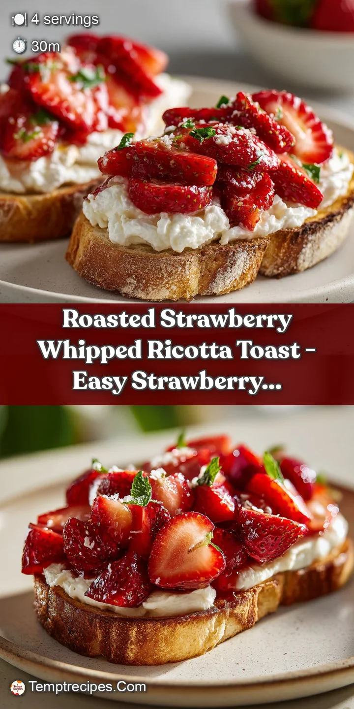 Close-up of juicy, caramelized roasted strawberries atop airy whipped ricotta on golden-brown toast; a textural, colorful,...