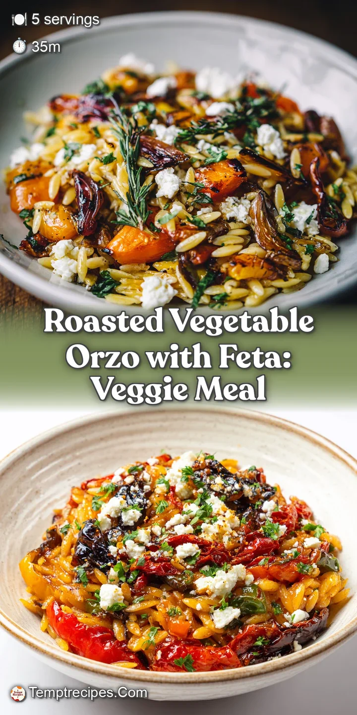 Close-up of warm, roasted vegetables and orzo pasta with melting feta cheese. Bright colors and visible steam.