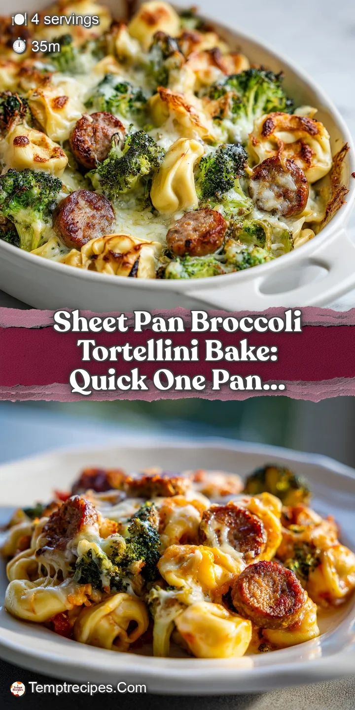 Close-up of cheesy tortellini bake: molten cheese stretches over tender tortellini and crisp-tender broccoli, steaming hot.