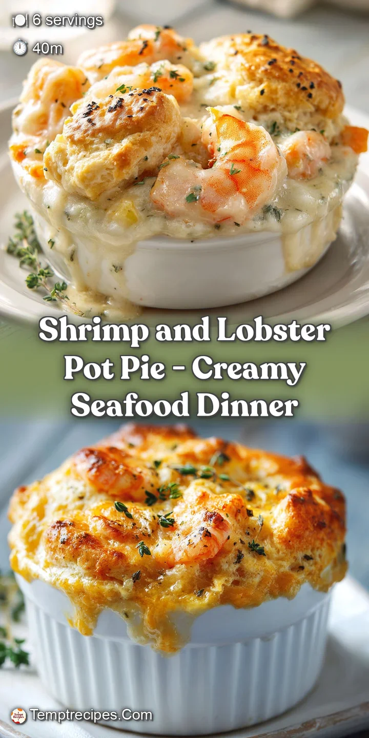 Close-up of a bubbling pot pie, highlighting tender lobster, juicy shrimp, and rich cream sauce under a golden, flaky past...