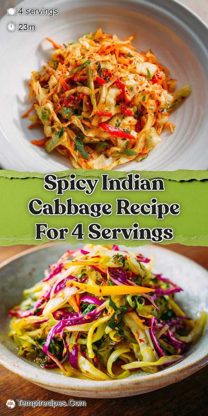 Close-up of fiery cabbage strands, glistening with oil and spices. Bright green curry leaves add a pop of color to the dish.