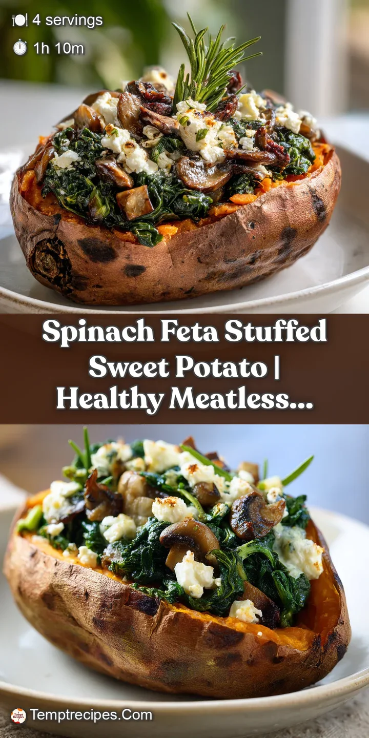 A close-up reveals tender, bright orange sweet potato flesh filled with wilted spinach and salty, melted feta.