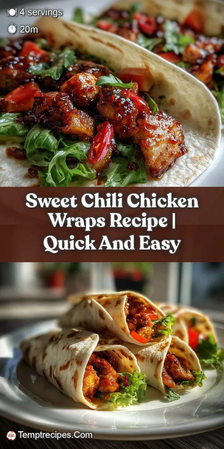 Close-up view of a sweet chili chicken wrap with a vibrant sauce, tender chicken, and fresh green lettuce.
