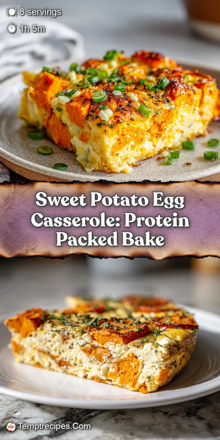 Close-up of sweet potato casserole: fluffy baked egg studded with soft, roasted sweet potato cubes and savory herbs, bubbl...