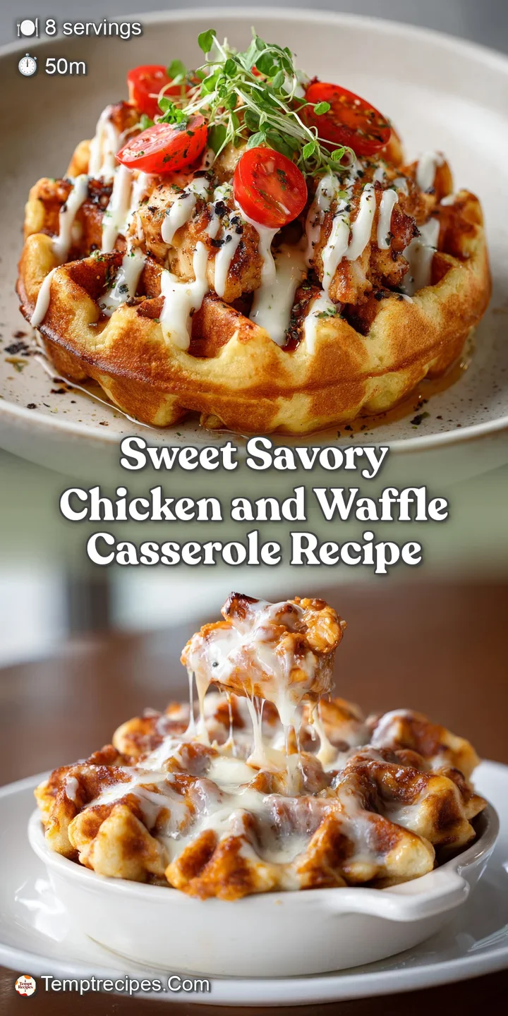 Close-up of chicken and waffle casserole, focusing on textured waffle bits, tender chicken pieces, and bubbly, melted ched...