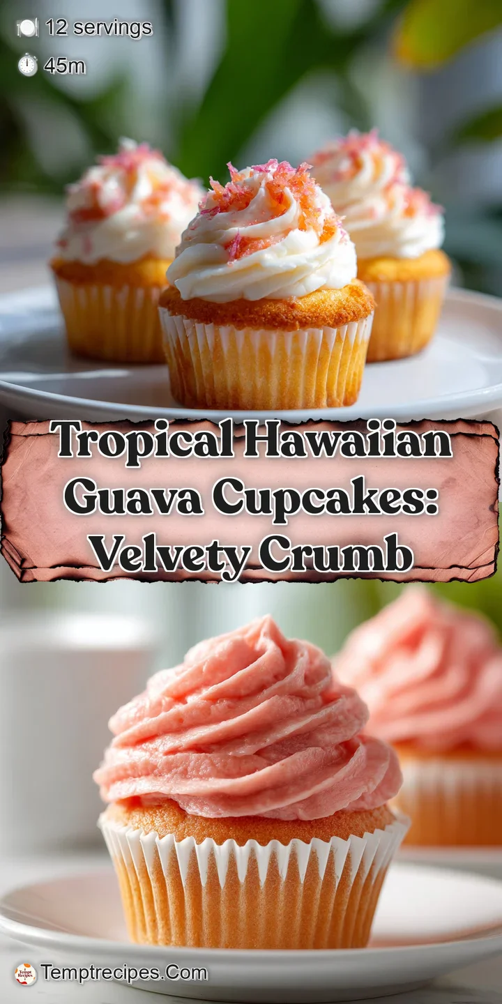 Close-up of a Hawaiian guava cupcake. Soft pink frosting texture is visible, topped with toasted coconut.