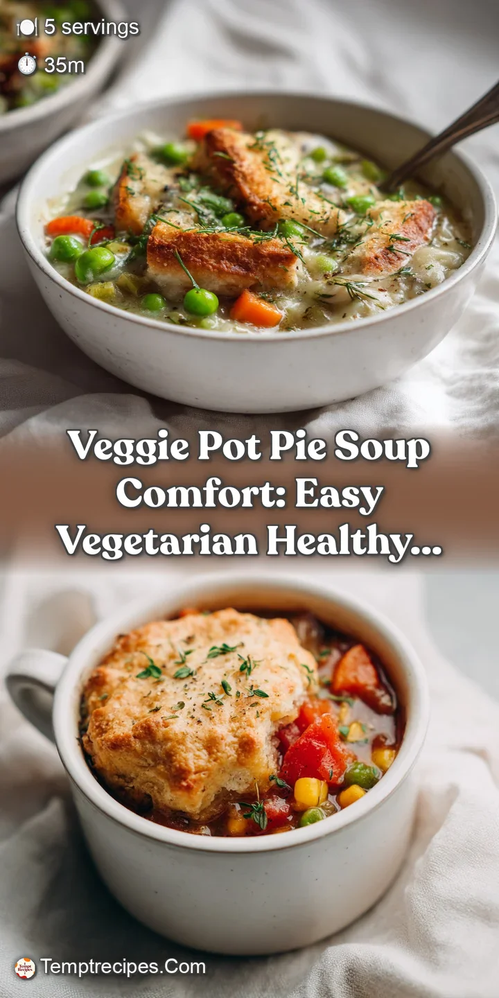 Close-up: Rich, creamy veggie soup with visible chunks of colorful carrots, peas, and flaky golden crust swirling within.