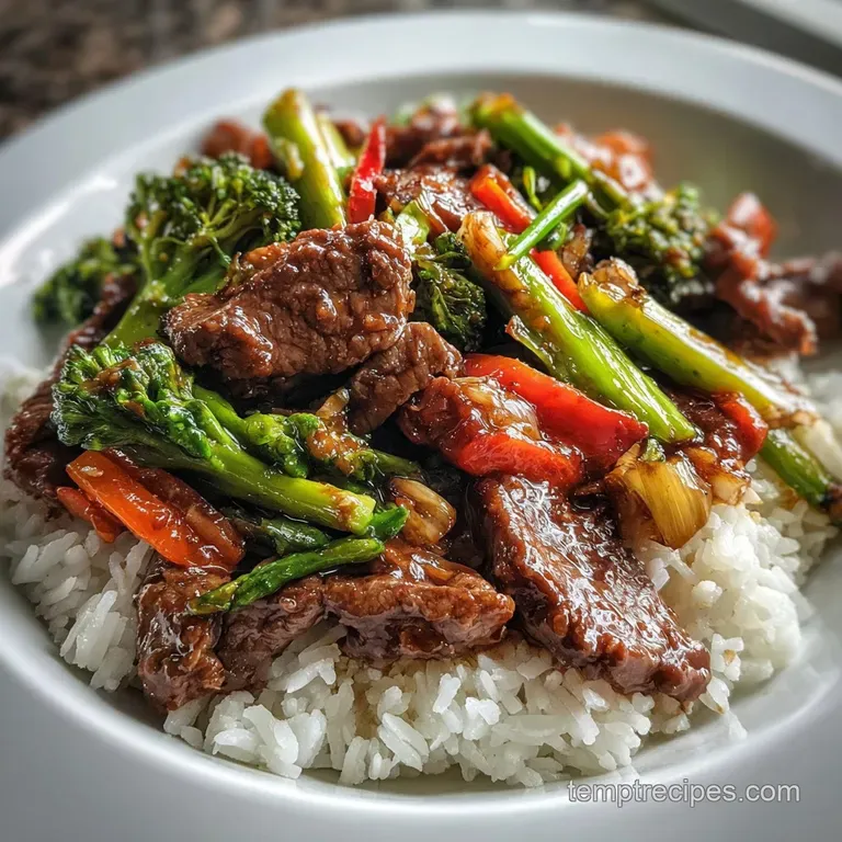 Shiny beef and vegetable stir-fry served on a white plate, vibrant against a dark background. Steam suggests fresh heat.