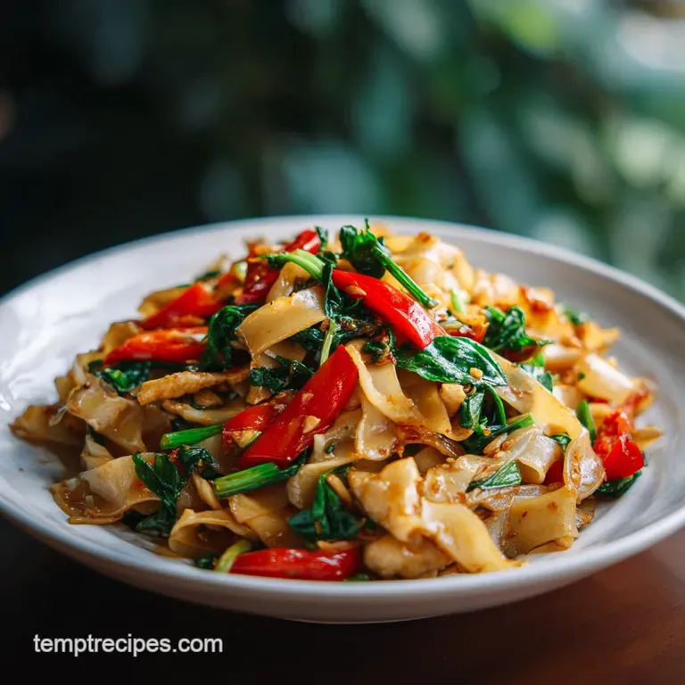 Steaming mound of Drunken Noodles, flecked with herbs, on a white plate, hinting at a flavorful, spicy, and satisfying meal.