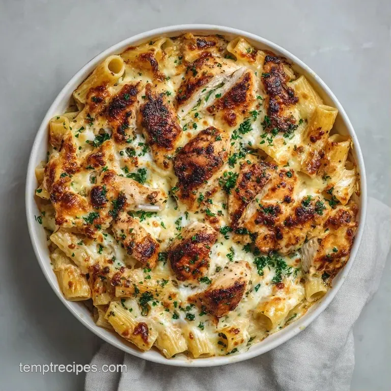 A white ceramic bowl filled with creamy pasta and tender chicken, garnished with a leaf of fresh basil on top.