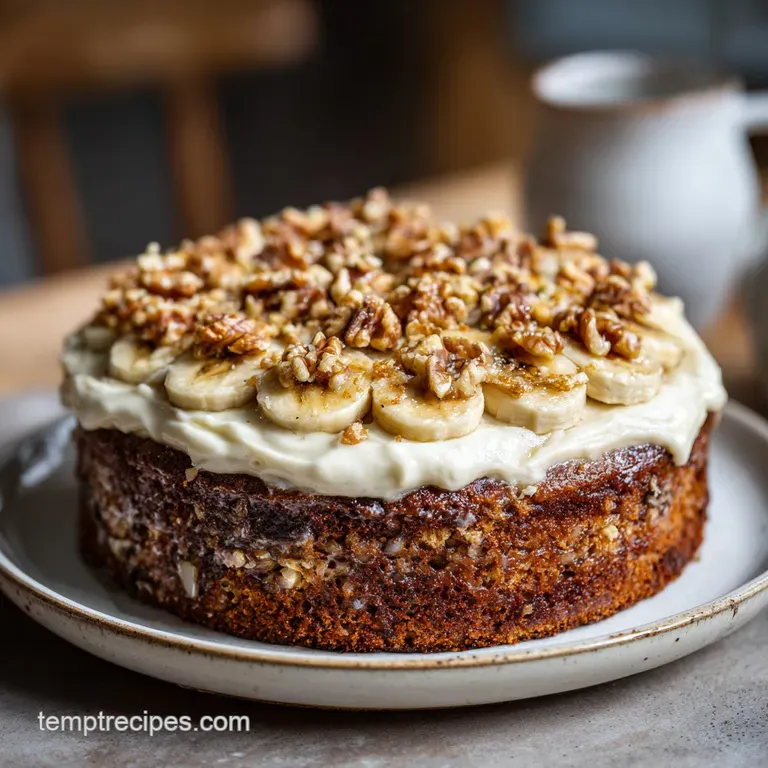 Slice of layered banana walnut cake on white plate. Creamy frosting, visible walnut pieces, soft crumb texture, elegant de...